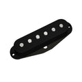 Black single-coil guitar pickup with six metal pole pieces mounted on a black base plate.