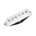 White single-coil style guitar pickup with six metal pole pieces and black baseplate.