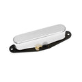 Silver guitar pickup with black base and fabric-covered wire on white background.