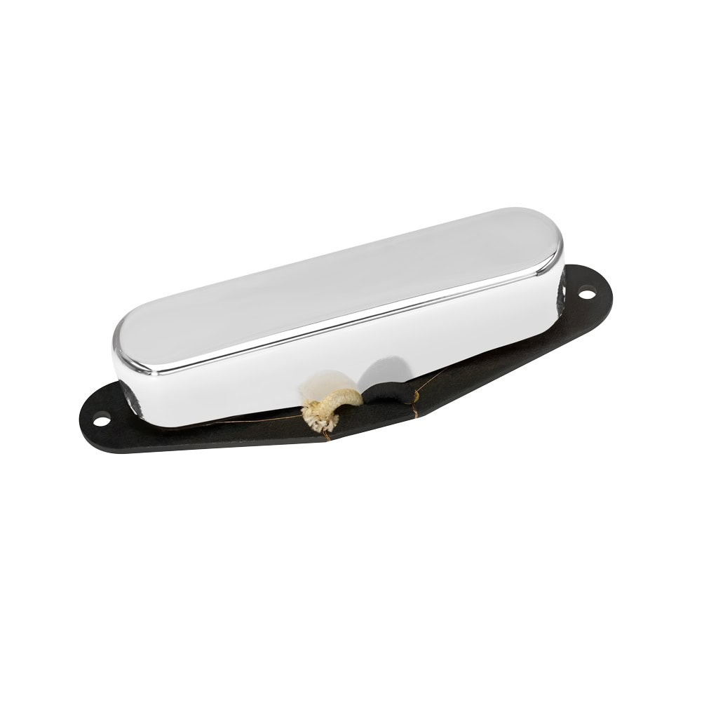Silver guitar pickup with black base and fabric-covered wire on white background.