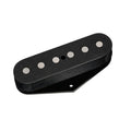 Black guitar pickup with six silver pole pieces and mounting plate with two screw holes.