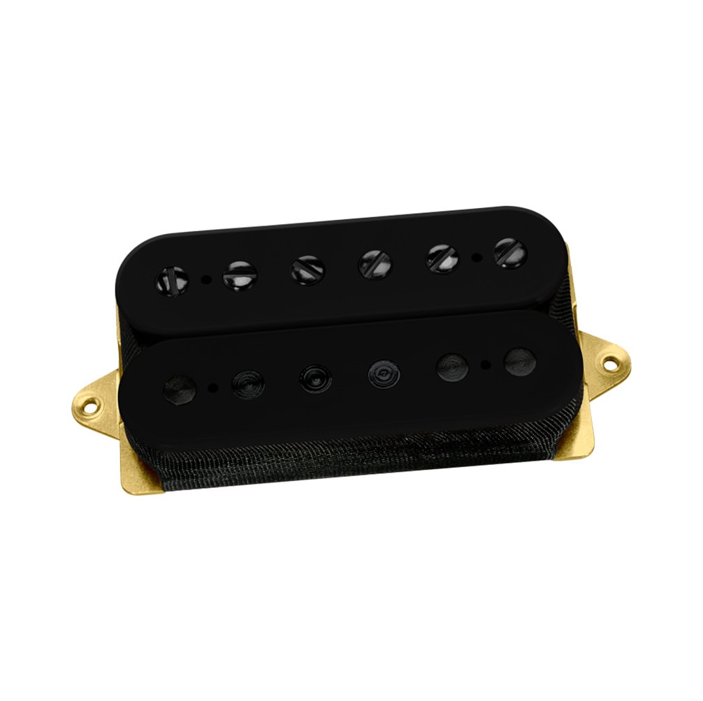 Black humbucker guitar pickup with gold baseplate and six screw pole pieces on top side.