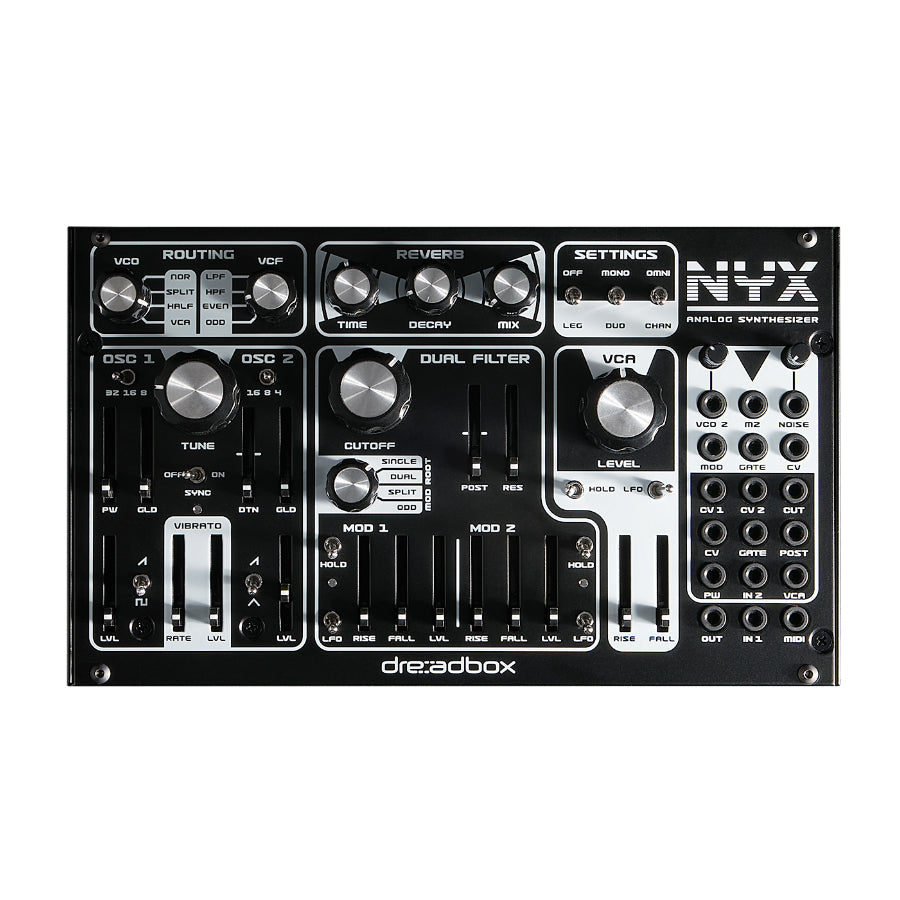 Top view of a black analog synthesizer with knobs, sliders, multiple patch jacks, and labeled controls by dreadbox.