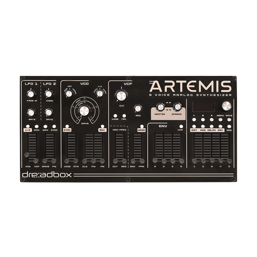 Top view of a black Dreadbox Artemis analog synthesizer with knobs, faders, buttons, and labeled controls.