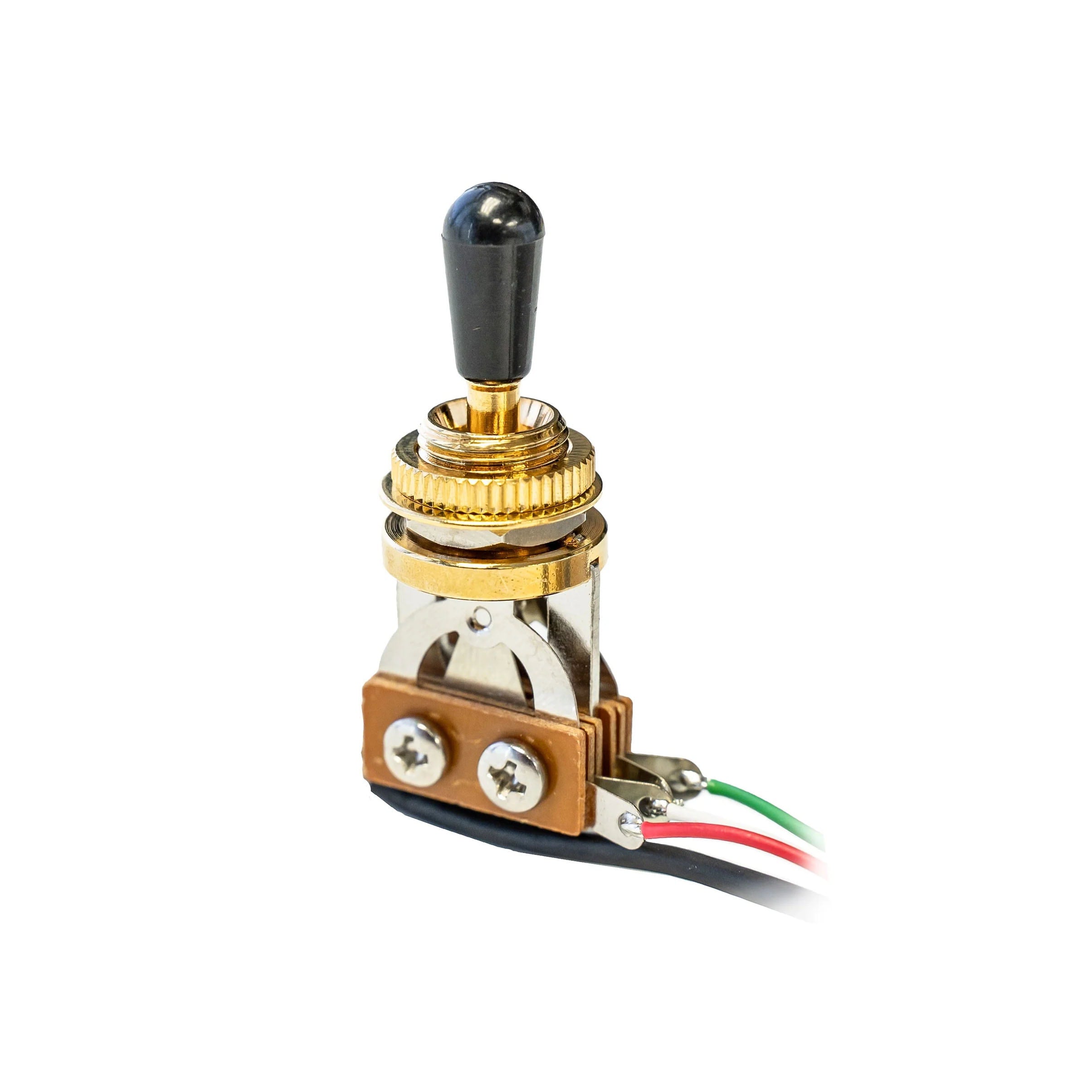Gold toggle switch with black tip mounted on a metal bracket with red, green, and black wires attached.