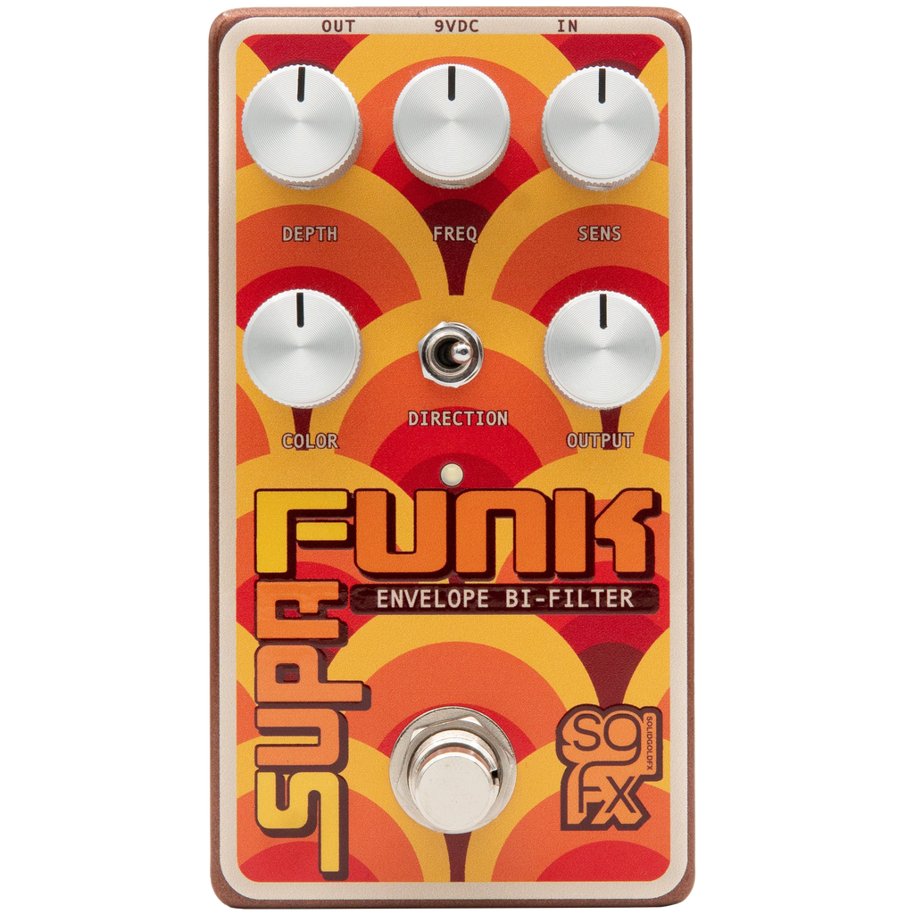 Orange and red patterned guitar effects pedal with five knobs, a toggle switch, and a footswitch.