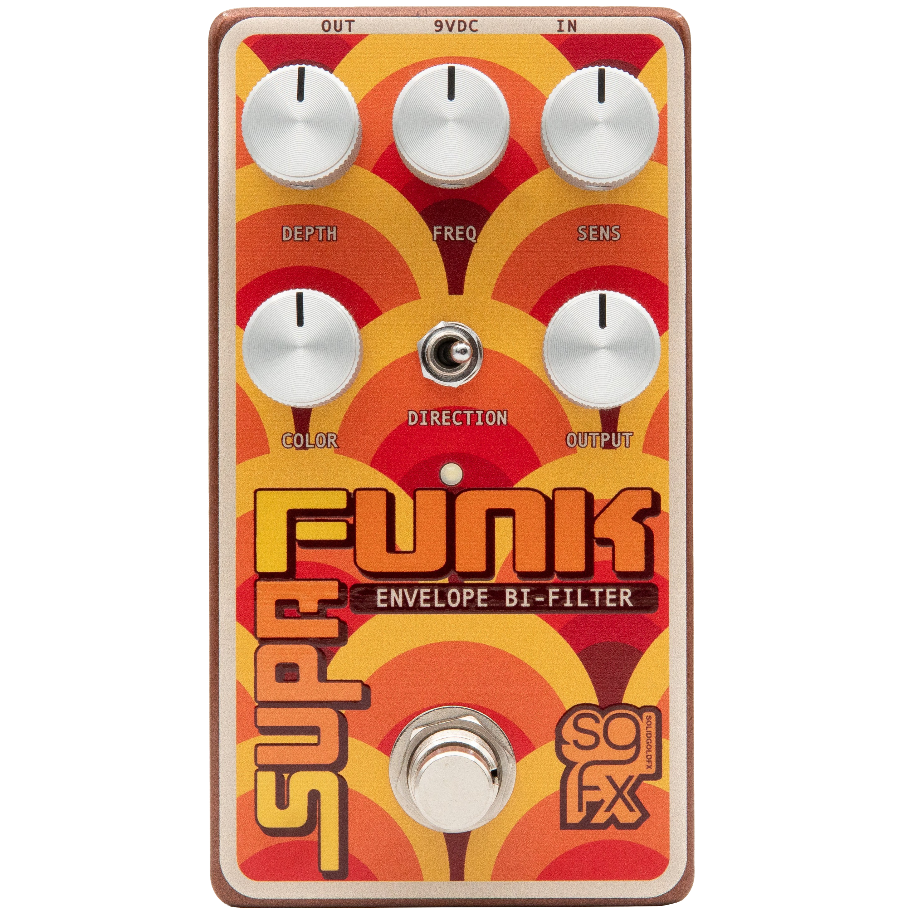 Orange and red patterned guitar effects pedal with five knobs, a toggle switch, and a footswitch.