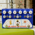 Blue guitar effects pedal with multiple knobs, toggle switches, footswitches, and cartoon graphics on front panel.