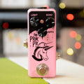 Pink guitar effects pedal with three knobs, a footswitch, and unicorn artwork on the front.