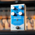 Blue and silver Origin Effects Halcyon Blue Overdrive guitar pedal with four knobs, two toggle switches, and one foot switch.