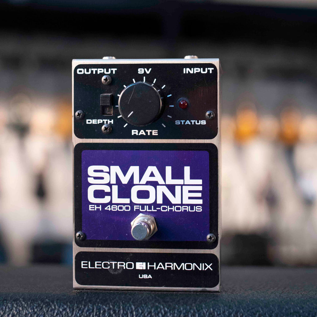 Front view of an Electro-Harmonix Small Clone guitar effects pedal with knob, switch, footswitch, and input/output jacks.