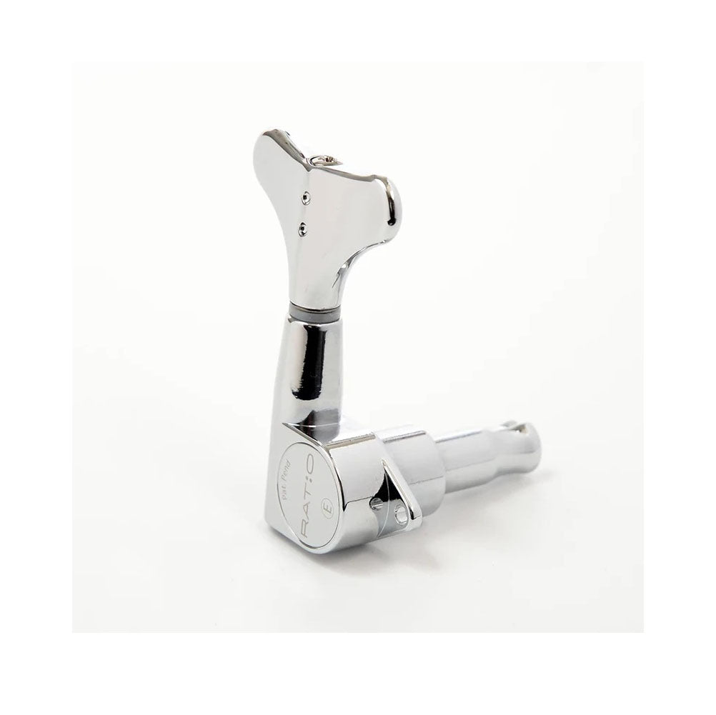 Single chrome metal bass guitar tuning peg with Y-style tuning button and mounting post.