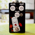 Black distortion pedal with three white rotary knobs labeled Level, Dirt, Tone and a footswitch with devil-themed graphic.