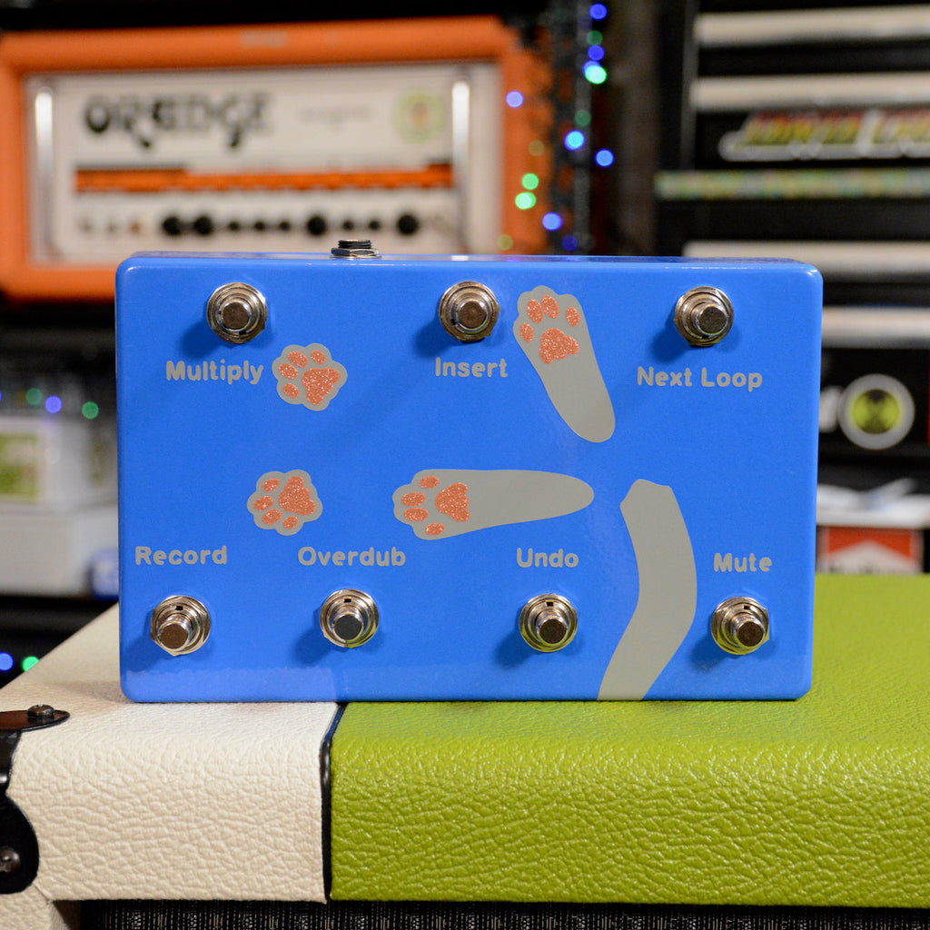 Blue foot controller device with seven labeled switches on its top surface and paw print graphics.