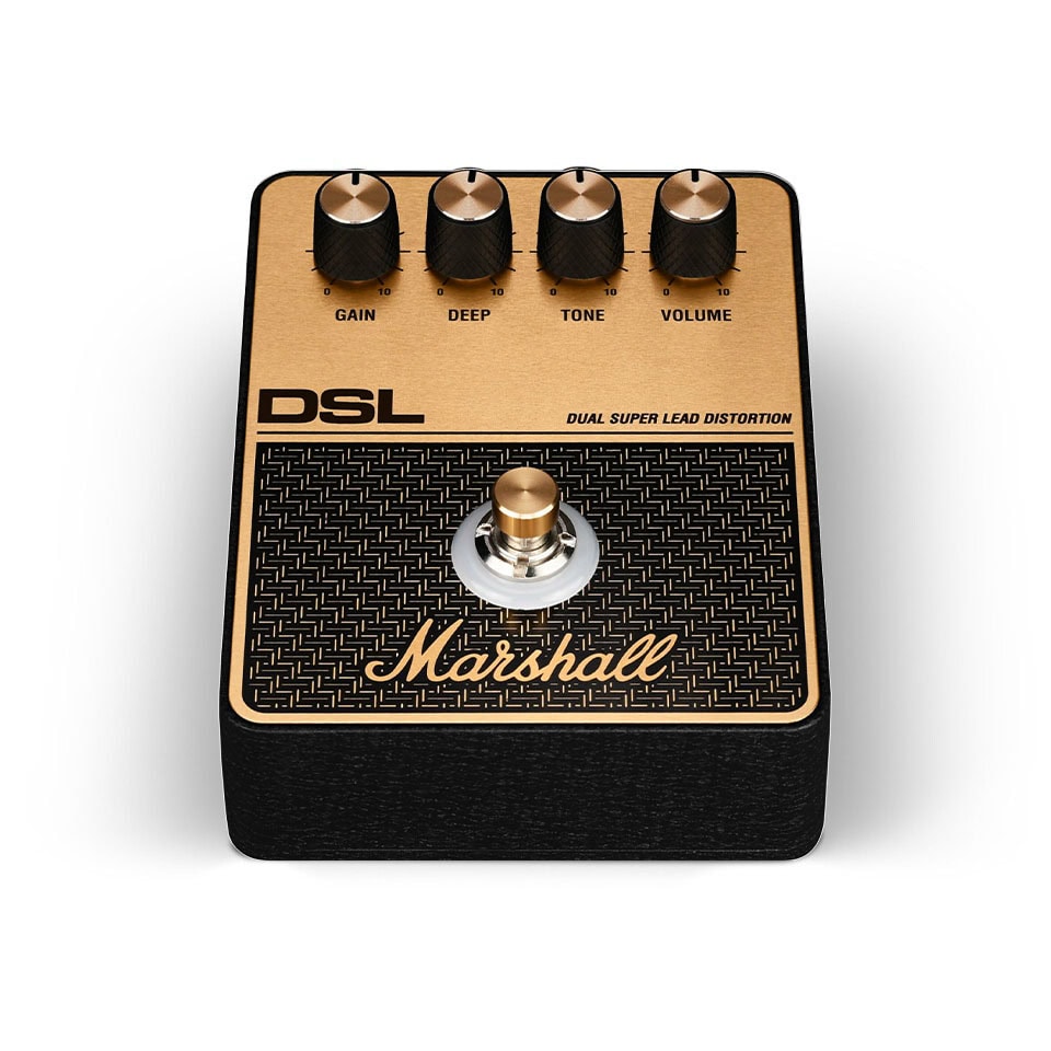 Black and gold Marshall DSL series effects pedal with four knobs and one foot switch.
