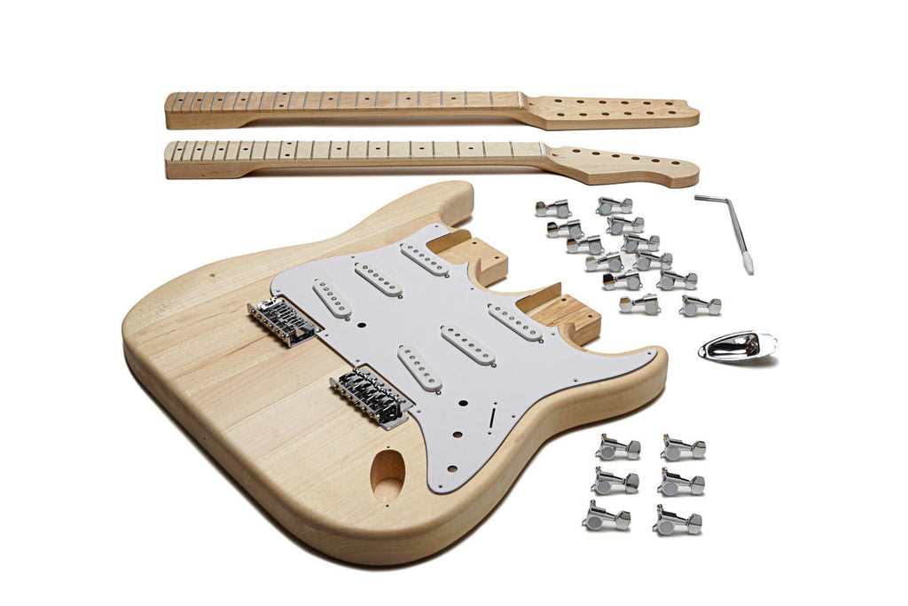 Unfinished double-neck electric guitar body with two necks and hardware components laid out separately.