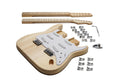 Unfinished double-neck electric guitar body with two necks and hardware components laid out separately.