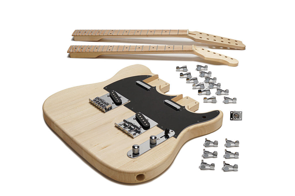 Disassembled double-neck electric guitar kit with two necks, dual body, tuning pegs, and components laid out on white background.