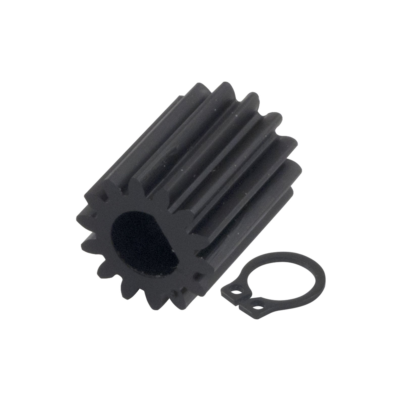 Black plastic gear with a D-shaped hole and a metal circlip on a white background.