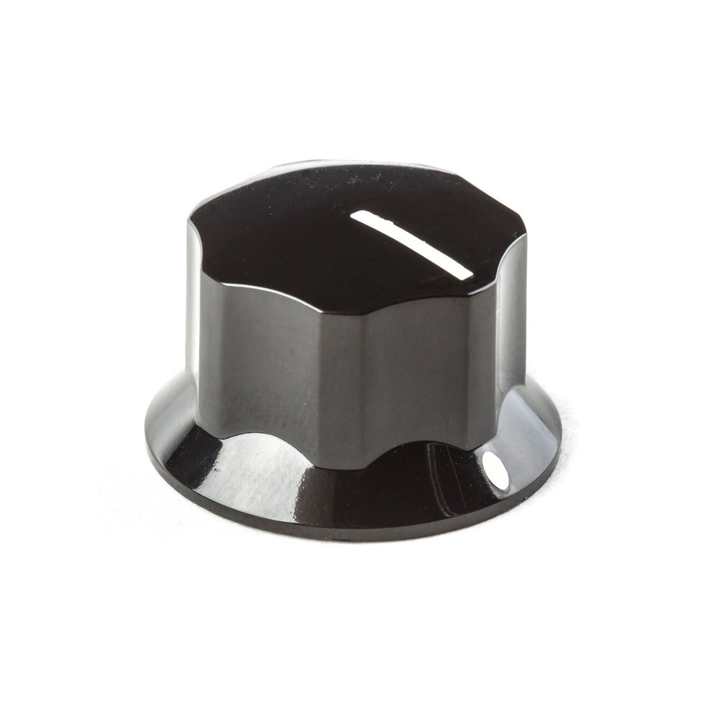 Black skirted control knob with white index line on top and side indicator dot.