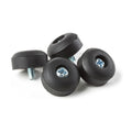 Four black rubber feet with central metal screws are displayed on a white background.