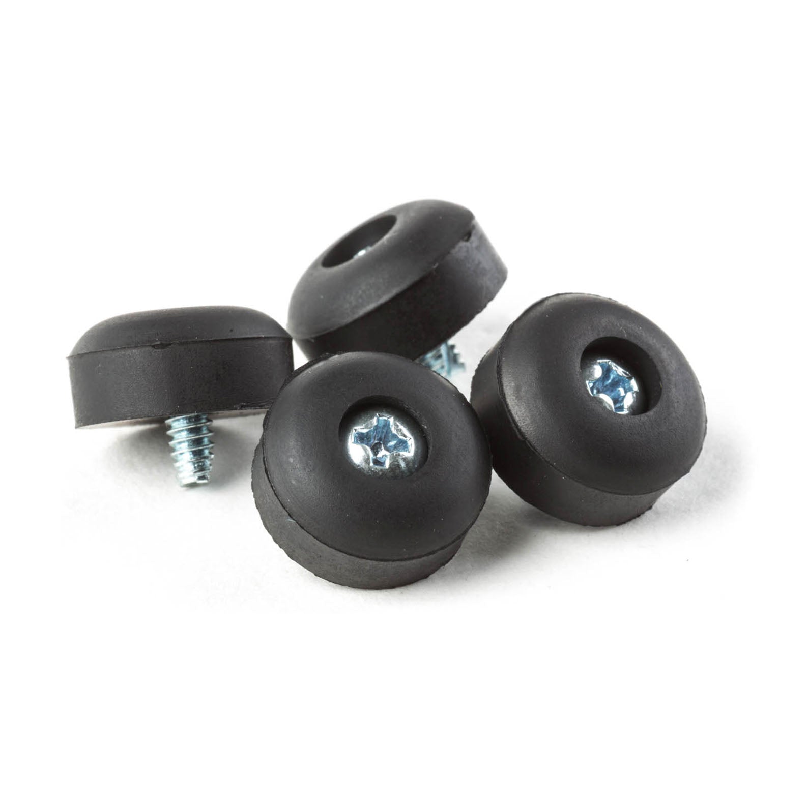 Four black rubber feet with central metal screws are displayed on a white background.