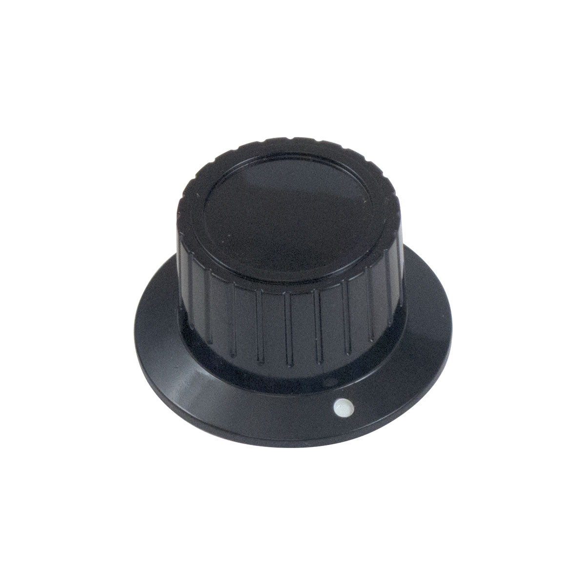 Black plastic knob with a flat top and a small white indicator dot on the rim.