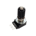 Close-up of a black and silver rotary potentiometer with three metal terminals and a knurled knob.