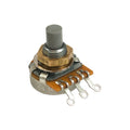 Round potentiometer with gray rotary shaft, gold nut, and three solder lug connectors on a brown circuit board base.