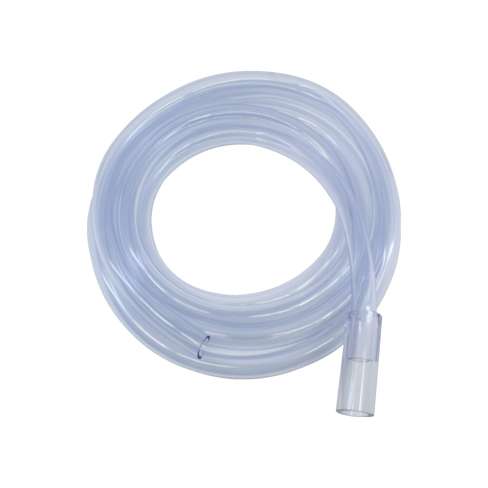 Coiled clear plastic tube with a connector end on white background.