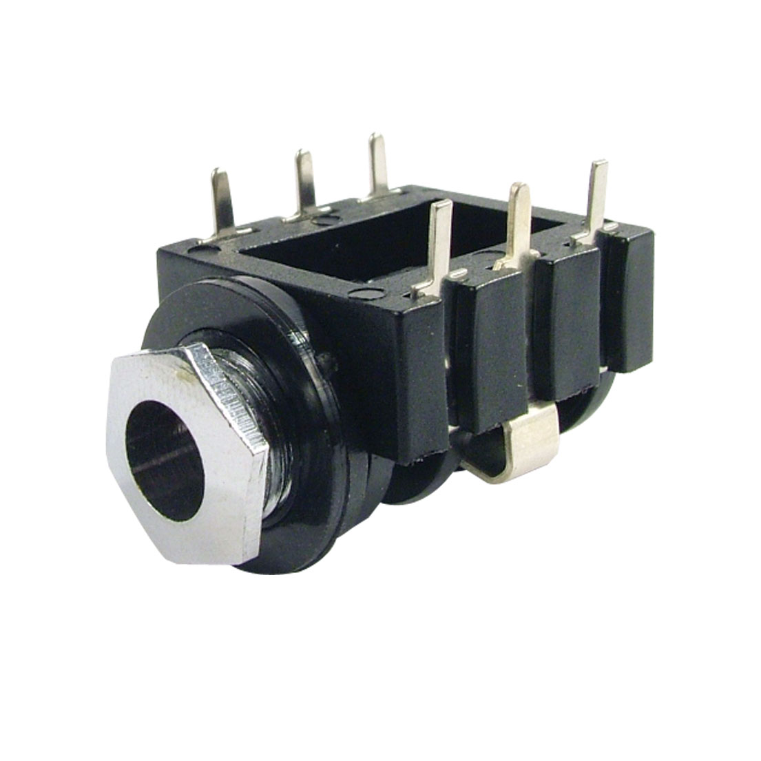 Black and silver electronic jack socket component with metal pins for soldering