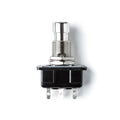 Single metal push button switch with black plastic base and three tab terminals on a white background.