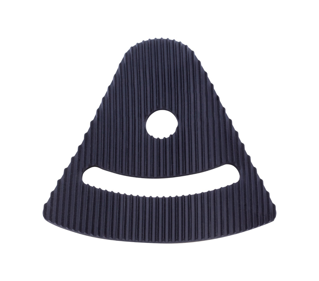 Black triangular rubber pad with vertical ridges and two cut-out holes on a white background.