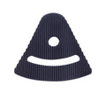Black triangular rubber pad with vertical ridges and two cut-out holes on a white background.