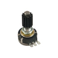 A rotary potentiometer with a black ribbed knob and three metal connector tabs in a close-up view.