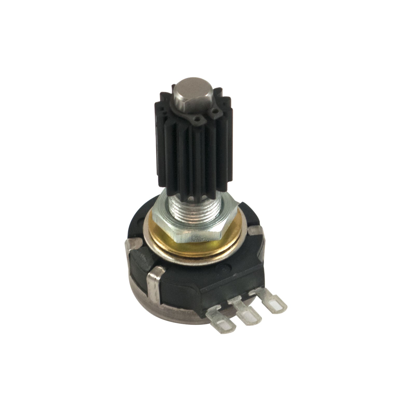 A rotary potentiometer with a black ribbed knob and three metal connector tabs in a close-up view.
