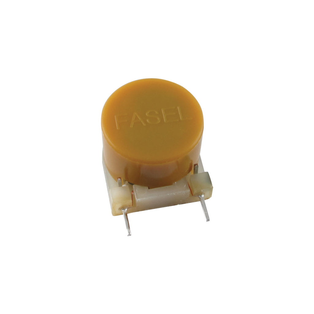 Yellow cylindrical electronic component with two metal wire leads and white base marked FASEL.