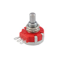 Red rotary control potentiometer with solid metal shaft and three solder lug terminals.
