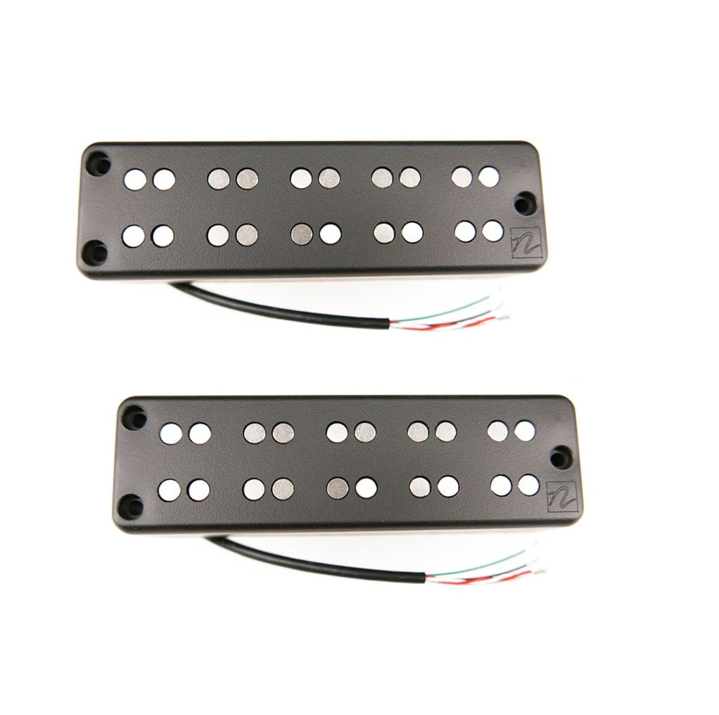 Pair of black rectangular pickups with metal pole pieces and attached wires, each with an embossed logo corner.
