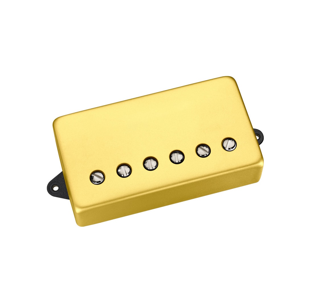Gold-covered guitar pickup with six visible pole screws and black mounting tabs on each side.