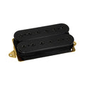 Black double-coil electric guitar pickup with gold mounting base plate.
