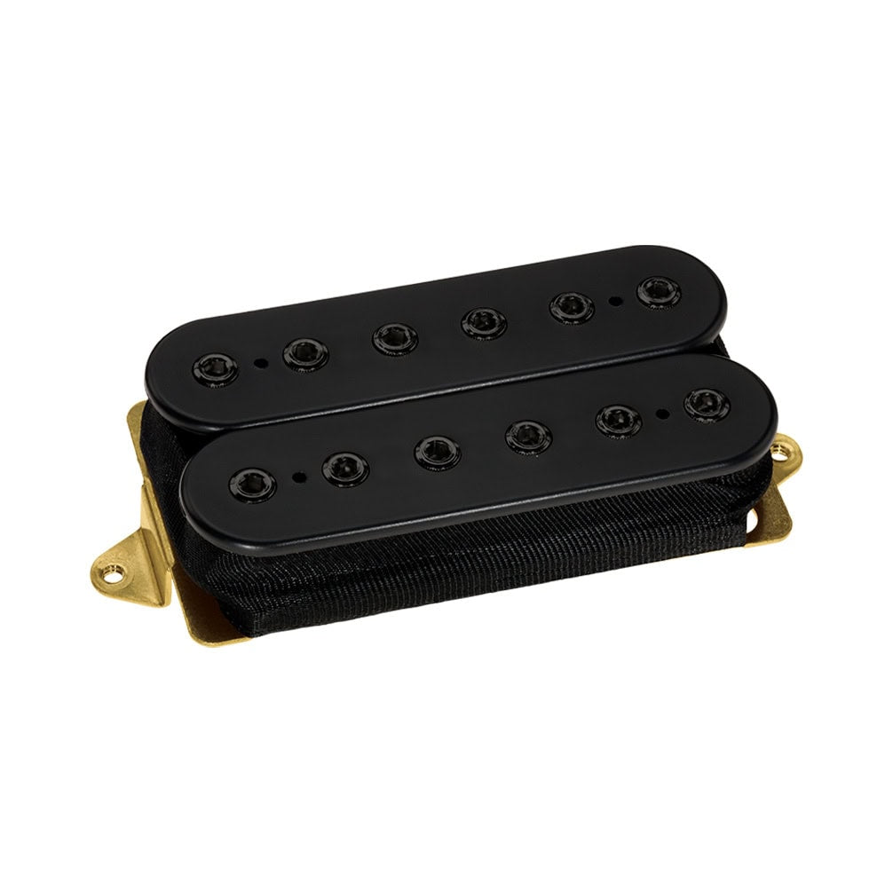 Black double-coil electric guitar pickup with gold mounting base plate.
