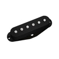 Black single-coil guitar pickup with six metal pole pieces and mounting holes on each end.