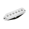 White single-coil guitar pickup with six metal pole pieces and black mounting base shown on white background.