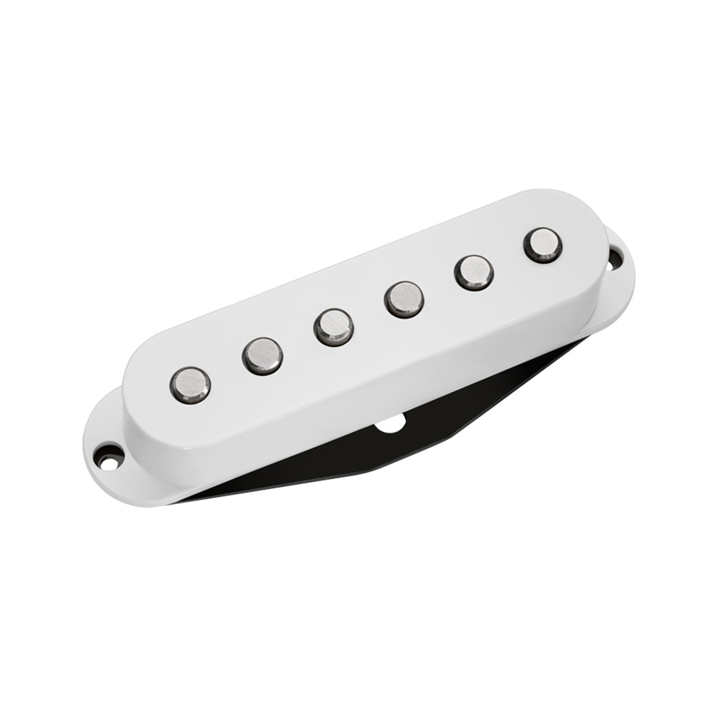 White single-coil guitar pickup with six pole pieces in a row and mounting holes on each end.