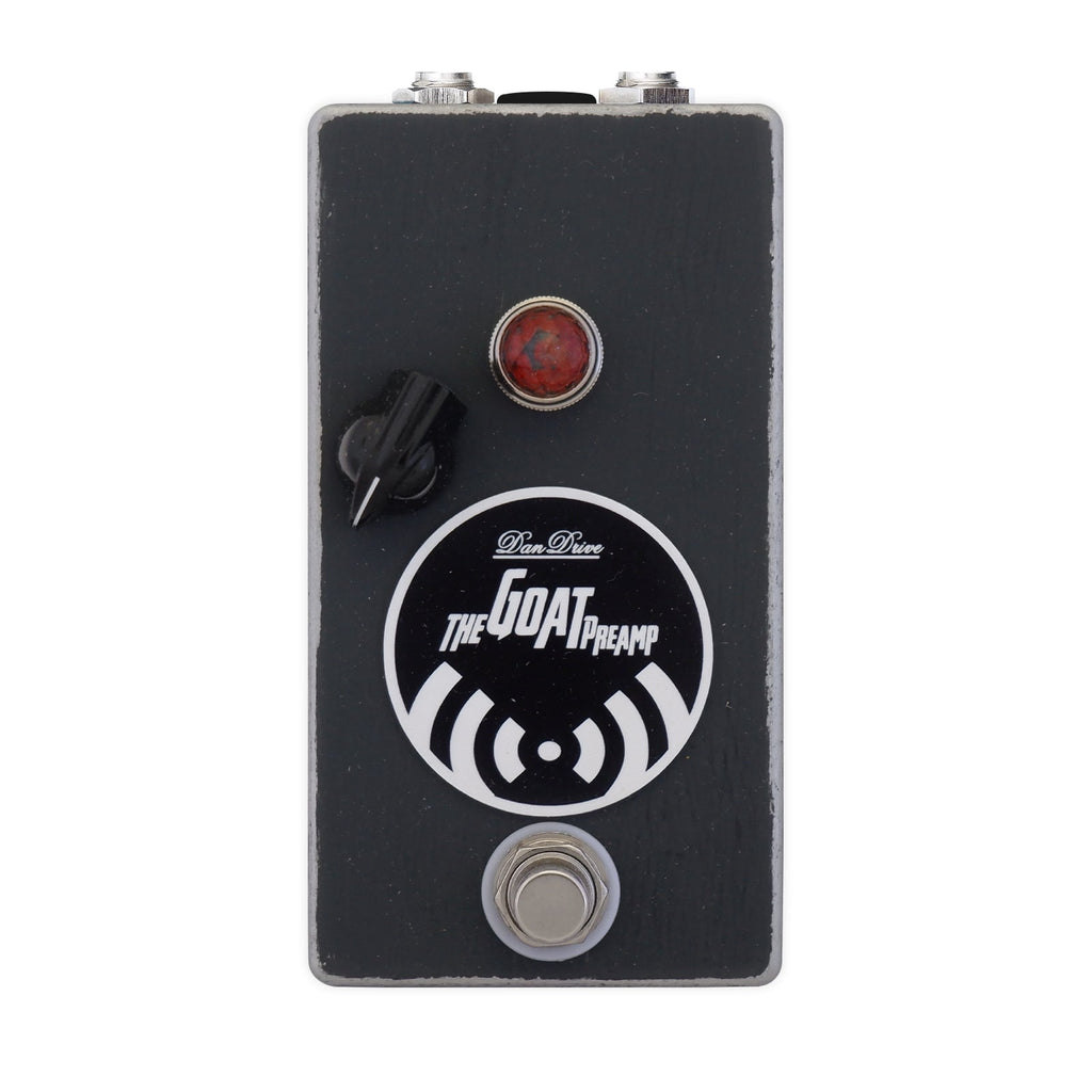 Black rectangular guitar effects pedal with one knob, one footswitch, and two 1/4 inch jacks on top.