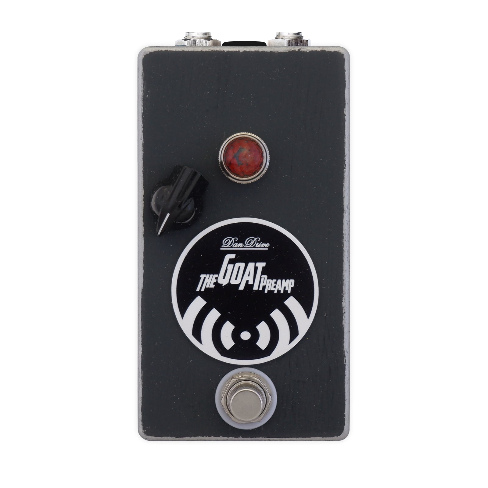 Black rectangular guitar effects pedal with one knob, one footswitch, and two 1/4 inch jacks on top.