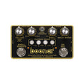 Black Dawner Prince Boonar delay pedal with four knobs, four white playback head buttons, two footswitches, and gold text.