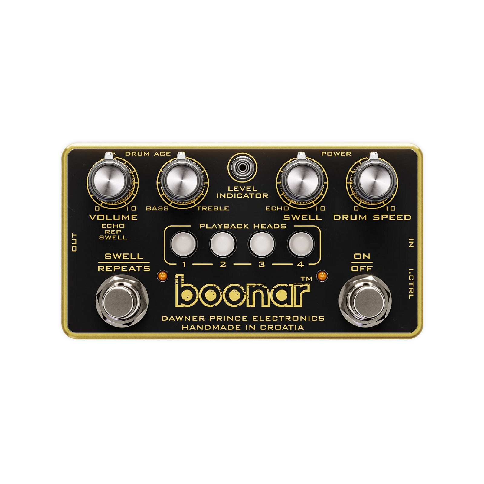 Black Dawner Prince Boonar delay pedal with four knobs, four white playback head buttons, two footswitches, and gold text.