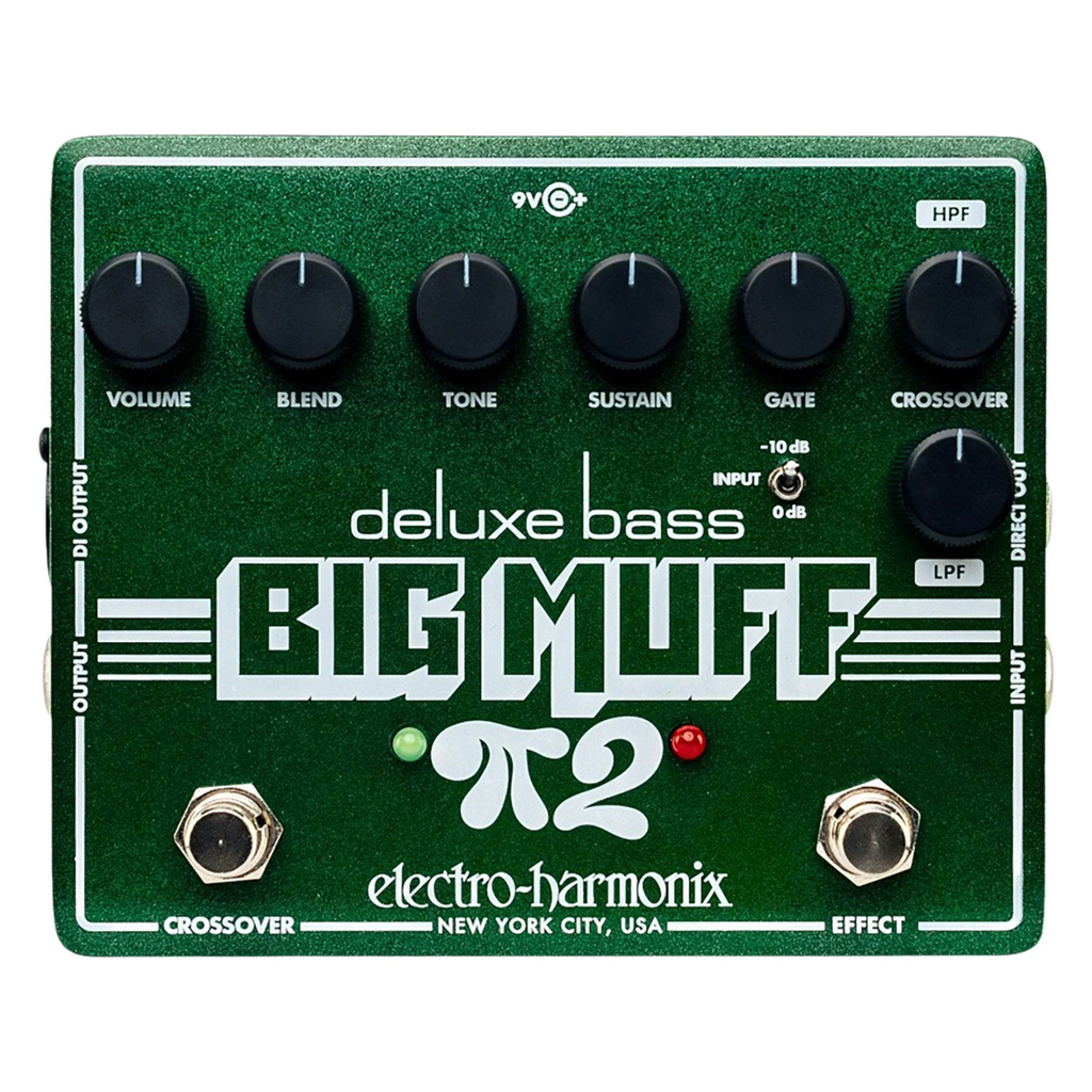 Green bass fuzz pedal with six knobs, two footswitches, and multiple input/output jacks.